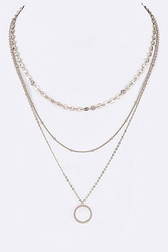 Stylish Mix Chain Layer Circ Pendant Necklace LA-ON6500