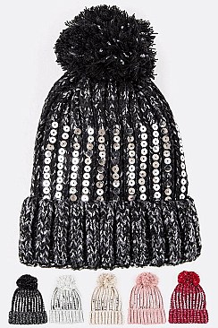 Pack of 12 pieces Trendy Sequins Studded Pom Pom Beanie Set LA-HT2195DD