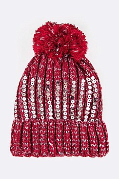 Pack of 12 pieces Trendy Sequins Studded Pom Pom Beanie Set LA-HT2195DD