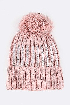 Pack of 12 pieces Trendy Sequins Studded Pom Pom Beanie Set LA-HT2195DD