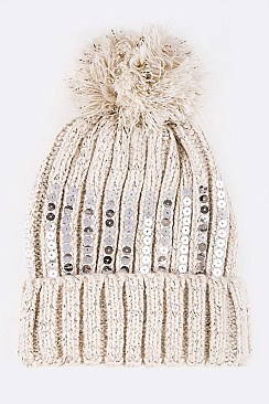 Pack of 12 pieces Trendy Sequins Studded Pom Pom Beanie Set LA-HT2195DD
