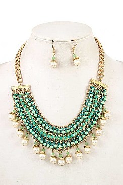 PEARL DANGLE MULTI GEM BIB NECKLACE SET