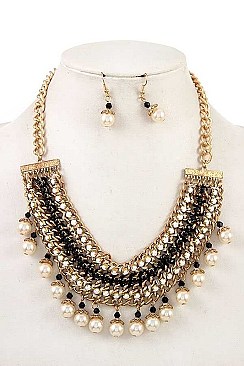 PEARL DANGLE MULTI GEM BIB NECKLACE SET