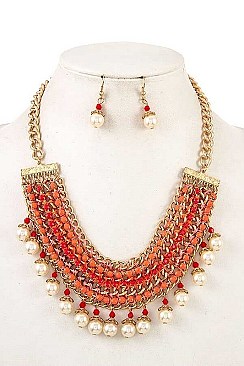 PEARL DANGLE MULTI GEM BIB NECKLACE SET