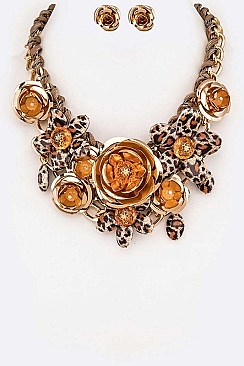 CRYSTAL & LEOPARD PRINTED FLOWER STATEMENT NECKLACE SET