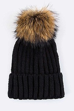 Trendy Racoon Fur Pom Pom Beanie