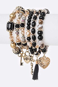 MIX CHARM HEART & KEY STRETCH BRACELET SET