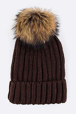 Trendy Racoon Fur Pom Pom Beanie