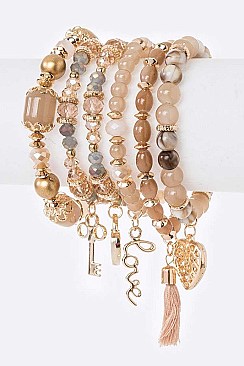 MIX CHARM HEART & KEY STRETCH BRACELET SET
