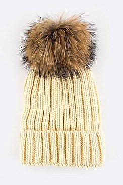 Trendy Racoon Fur Pom Pom Beanie
