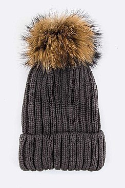Trendy Racoon Fur Pom Pom Beanie