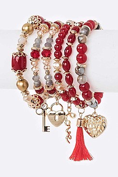 MIX CHARM HEART & KEY STRETCH BRACELET SET