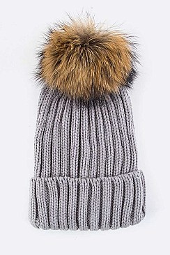 Trendy Racoon Fur Pom Pom Beanie