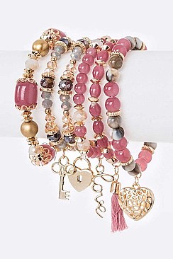 MIX CHARM HEART & KEY STRETCH BRACELET SET