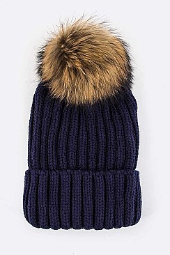 Trendy Racoon Fur Pom Pom Beanie