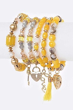 MIX CHARM HEART & KEY STRETCH BRACELET SET