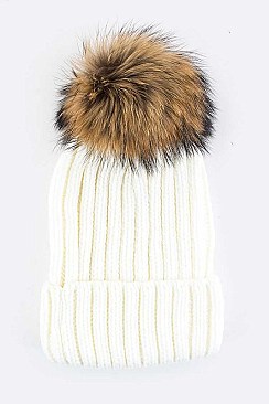 Trendy Racoon Fur Pom Pom Beanie