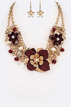 METALLIC FLOWERS STATEMENT NECKLACE SET