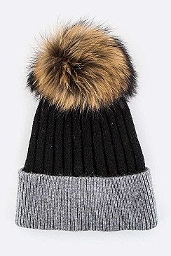 Trendy Raccoon Fur Pom-Pom 2-Tone Beanie