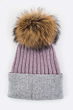 Trendy Raccoon Fur Pom-Pom 2-Tone Beanie