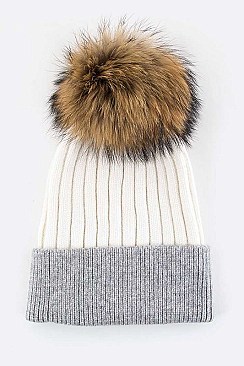 Trendy Raccoon Fur Pom-Pom 2-Tone Beanie