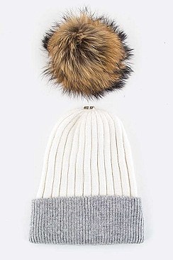 Trendy Raccoon Fur Pom-Pom 2-Tone Beanie