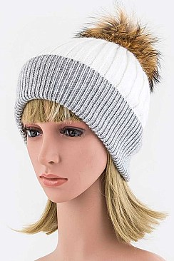 Trendy Raccoon Fur Pom-Pom 2-Tone Beanie