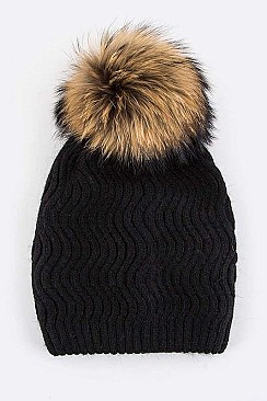 Trendy Racoon Fur Pom Pom Chevron Knit Beanie LA-EMH8578