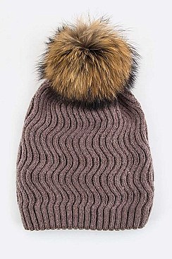 Trendy Racoon Fur Pom Pom Chevron Knit Beanie LA-EMH8578