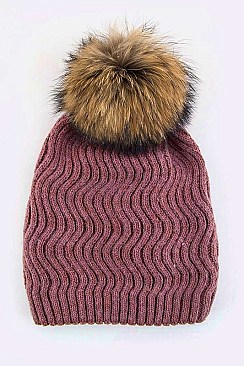 Trendy Racoon Fur Pom Pom Chevron Knit Beanie LA-EMH8578