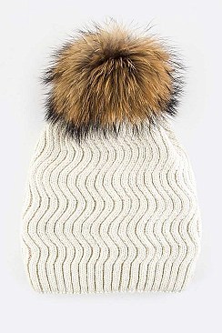 Trendy Racoon Fur Pom Pom Chevron Knit Beanie LA-EMH8578