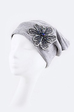 Fashionable Beaded Flower Jersey Convertible Beanie LA-DT2626-MF134