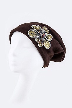 Fashionable Beaded Flower Jersey Convertible Beanie LA-DT2626-MF134