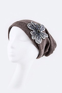 Fashionable Beaded Flower Jersey Convertible Beanie LA-DT2626-MF134
