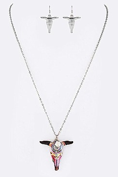 ARTSY Cow Skull Pendant Necklace WITH EARRINGS Set LA-SS0637