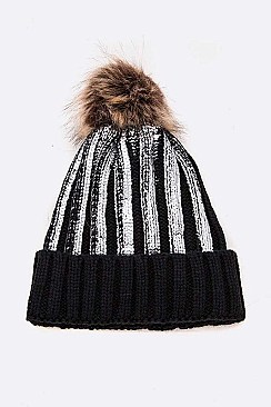PACK OF 12 METALLIC SCREEN CUFF POM BEANIE