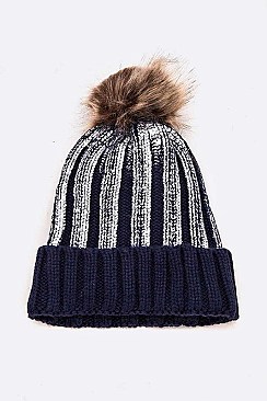 PACK OF 12 METALLIC SCREEN CUFF POM BEANIE
