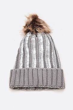 PACK OF 12 METALLIC SCREEN CUFF POM BEANIE