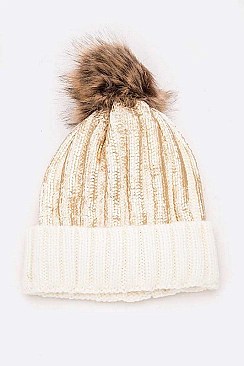 PACK OF 12 METALLIC SCREEN CUFF POM BEANIE