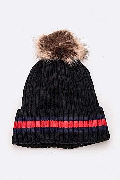 PACK OF 12 RIBBED CUFF STRIPED INTARSIA FUR POM BEANIE