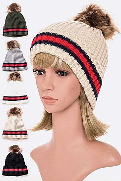 PACK OF 12 RIBBED CUFF STRIPED INTARSIA FUR POM BEANIE