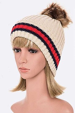 PACK OF 12 RIBBED CUFF STRIPED INTARSIA FUR POM BEANIE