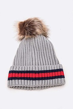 PACK OF 12 RIBBED CUFF STRIPED INTARSIA FUR POM BEANIE