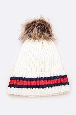 PACK OF 12 RIBBED CUFF STRIPED INTARSIA FUR POM BEANIE