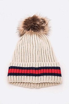 PACK OF 12 RIBBED CUFF STRIPED INTARSIA FUR POM BEANIE