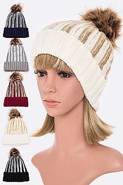 PACK OF 12 METALLIC SCREEN CUFF POM BEANIE