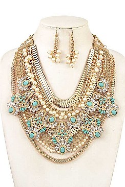 ORNATE GEM CHAIN STATEMENT NECKLACE SET