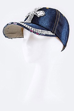 Crystal Cross Embelished Fashion Denim Cap LA-HT277X012