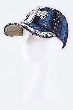 Crystal Cross Embelished Fashion Denim Cap LA-HT277X024