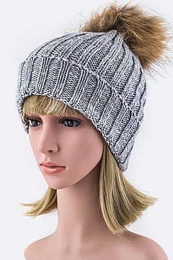 Fashionable Raccoon Fur Pom Pom Knit Beanie LA-EMH6422